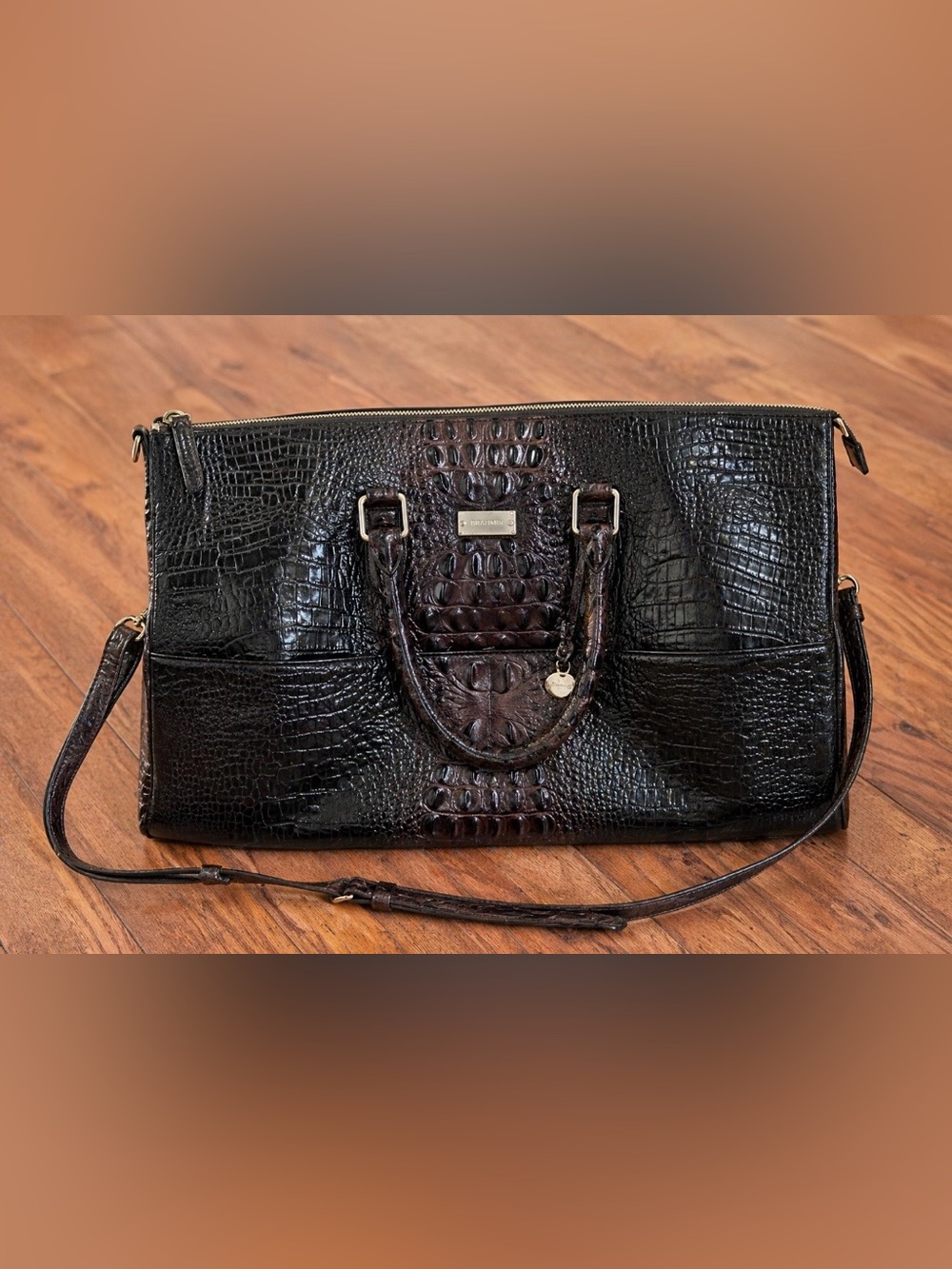 Brahmin Black/Chocolate Croc-Embossed Large Weekender with Detachable Strap